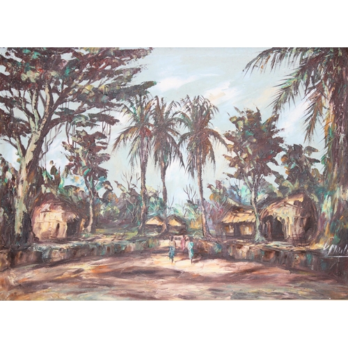 438 - Mid century oil on canvas of an East African village scene, indistinctly signed lower right, approx ... 