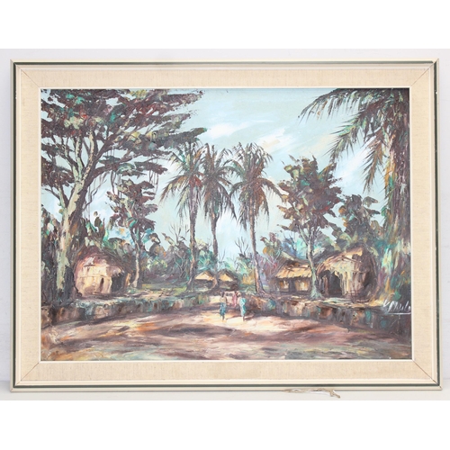 438 - Mid century oil on canvas of an East African village scene, indistinctly signed lower right, approx ... 