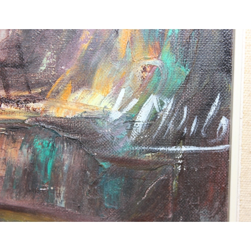 438 - Mid century oil on canvas of an East African village scene, indistinctly signed lower right, approx ... 