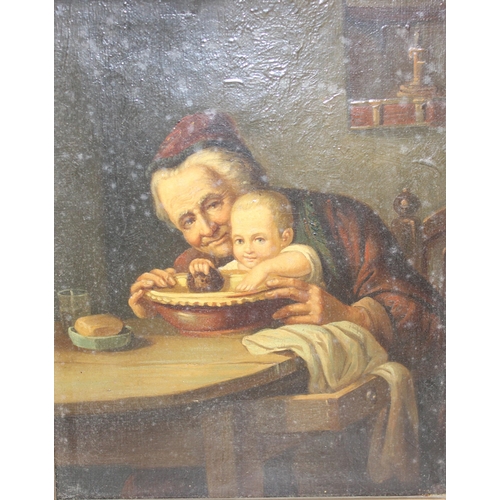 441 - Antique oil on canvas of an elderly lady mixing food with a child, appears unsigned but possibly Ita... 