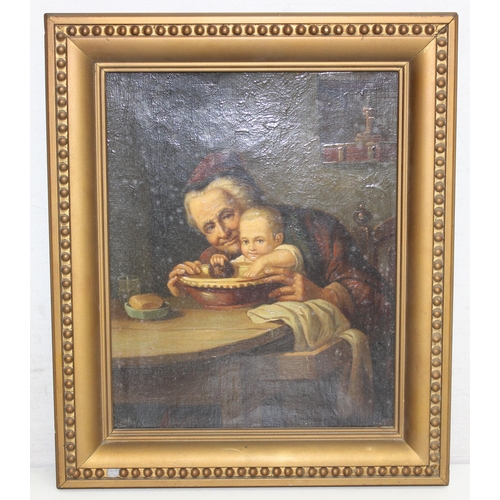 441 - Antique oil on canvas of an elderly lady mixing food with a child, appears unsigned but possibly Ita... 