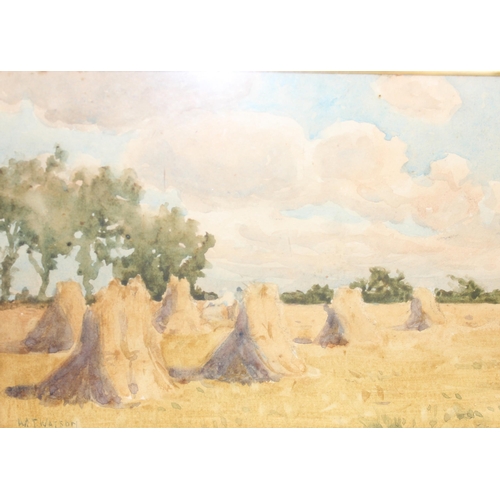 447 - W.T. Watson (British, XIX), gilt mounted watercolour of drying hay stacks, approx 46cm x 37cm