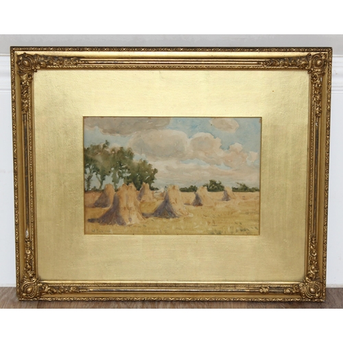 447 - W.T. Watson (British, XIX), gilt mounted watercolour of drying hay stacks, approx 46cm x 37cm