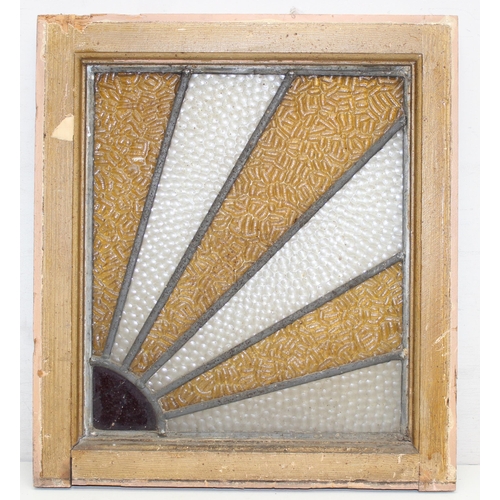 452 - An Art Deco period stained glass window of sunburst design in wooden frame, approx 54cm x 45cm inc f... 