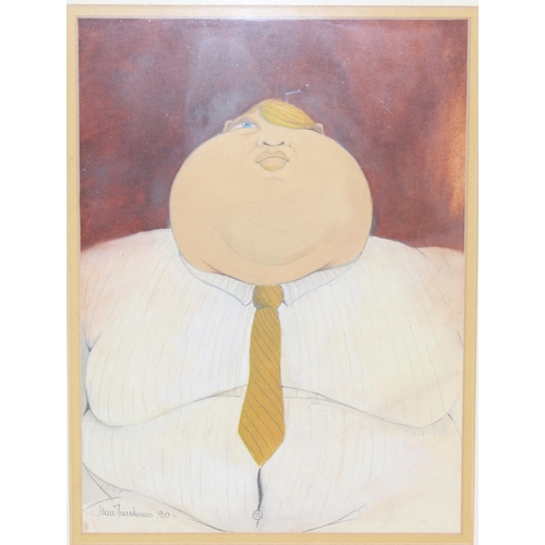 454 - A vintage Belgian mixed media artwork of a fat businessman, indistinctly signed but with Belgian sta... 