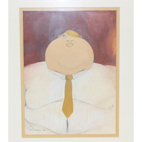 454 - A vintage Belgian mixed media artwork of a fat businessman, indistinctly signed but with Belgian sta... 