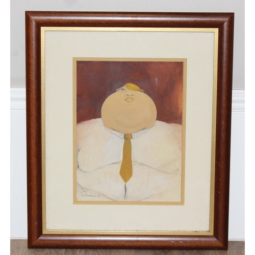 454 - A vintage Belgian mixed media artwork of a fat businessman, indistinctly signed but with Belgian sta... 