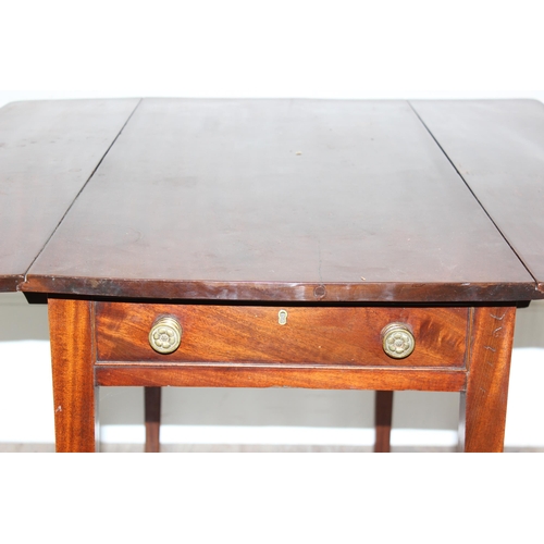 94 - Antique mahogany Pembroke table with single drawer, approx size when open 106cm x 97cm x 74cm high