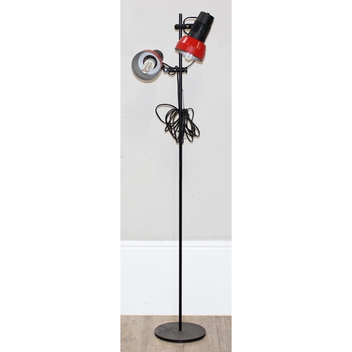 268B - Retro pole lamp with 2 red painted metal shades, approx 137cm tall