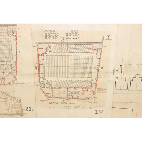 455 - The Queens Hall Enfield, a framed collection of early 20th century drawings depicting the interior a... 