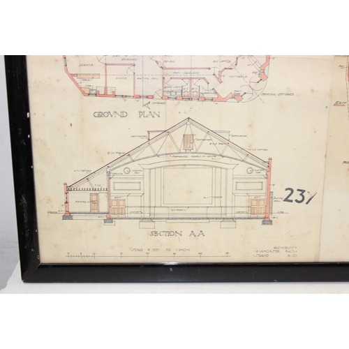 455 - The Queens Hall Enfield, a framed collection of early 20th century drawings depicting the interior a... 