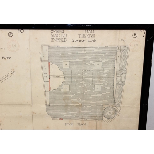 455 - The Queens Hall Enfield, a framed collection of early 20th century drawings depicting the interior a... 