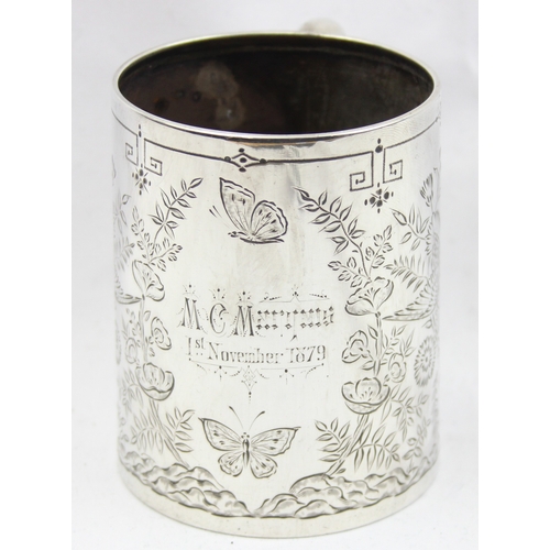 1005 - A Victorian silver christening mug with engraved decoration of birds, butterflies and flora, marked ... 