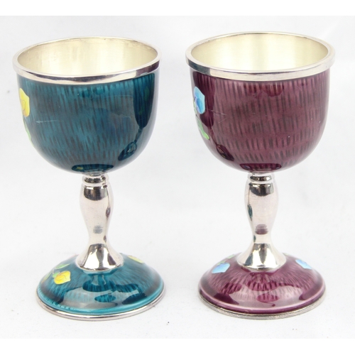 1011 - A pair of Korean .999 pure silver and cloisonne enamel goblets, presented in boxes, seemingly unmark... 