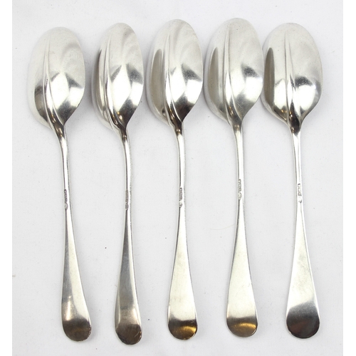 1020 - A set of 5 silver Rat-Tail serving spoons, Sheffield 1916 by William Hutton & Sons, each with armori... 