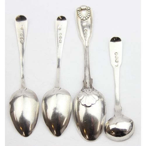 1053 - A pair of Georgian silver tea spoons with bright cut decoration, London 1802 by IB, a heavy gauge fi... 