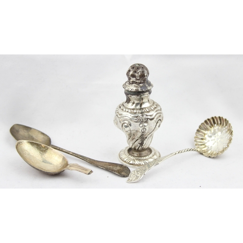 1085 - Qty of assorted silver items to inc a silver pepper pot, a sifter spoon, all with English hallmarks,... 