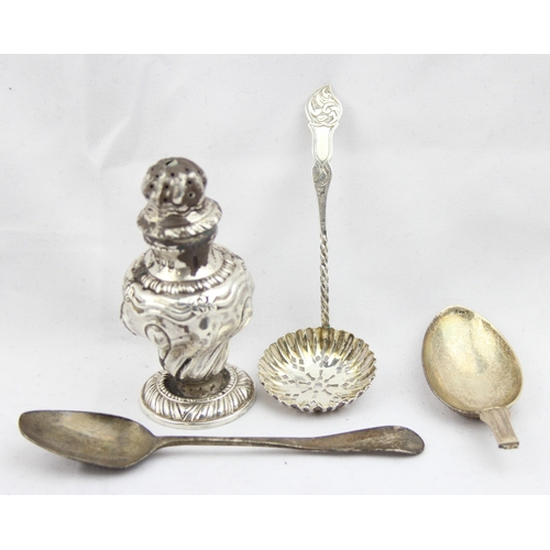 1085 - Qty of assorted silver items to inc a silver pepper pot, a sifter spoon, all with English hallmarks,... 