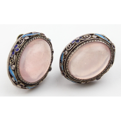 1108 - A pair of vintage silver filigree and cloisonne enamel clip on earrings set with a large cabochon st... 