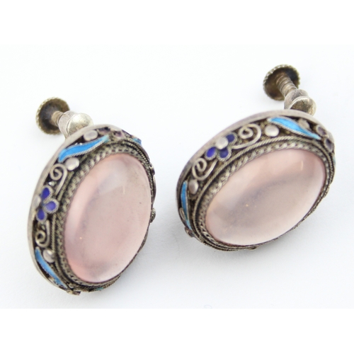 1108 - A pair of vintage silver filigree and cloisonne enamel clip on earrings set with a large cabochon st... 