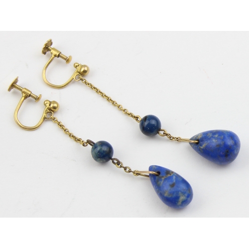 1124 - A pair of vintage 9ct gold mounted Lapis Lazuli screw-back pendant earrings, each marked 9ct and XRF... 