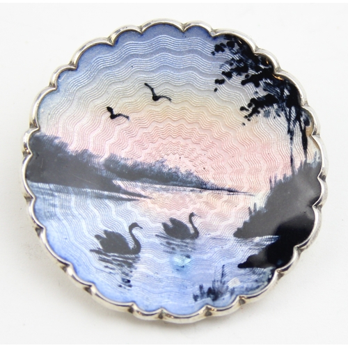 1134 - A retro Norwegian silver and enamel brooch depicting swans in silhouette at sunset, marked to revers... 