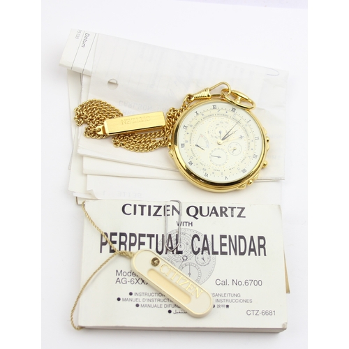 1306 - A vintage Citizen 6700 G70161 full calendar pocket watch with gold plated case and Albert chain, qua... 