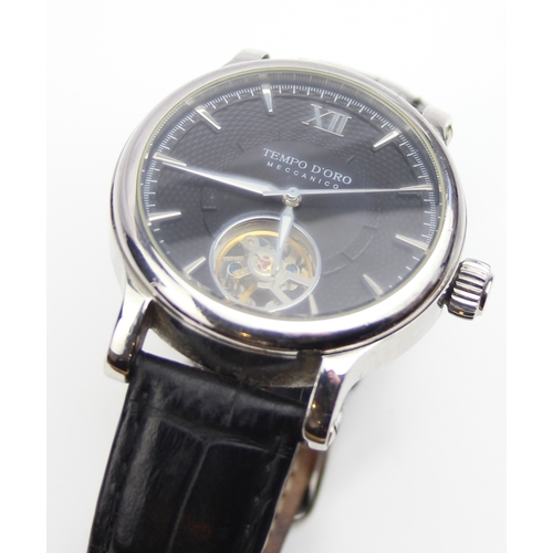 1310 - Tempo D'Oro Meccanico wrist watch with exposed escapement and automatic movement, black leather stra... 