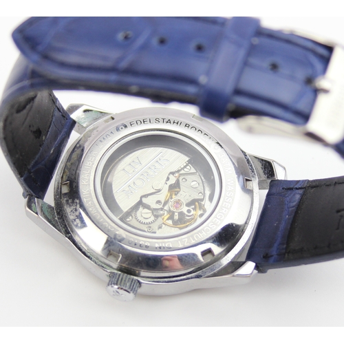 1312 - Liv Morris military style wristwatch with automatic movement and blue leather effect strap