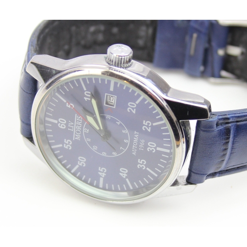 1312 - Liv Morris military style wristwatch with automatic movement and blue leather effect strap