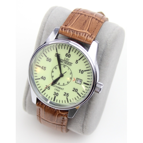 1313 - Liv Morris military style wristwatch with automatic movement and brown crocodile effect leather stra... 