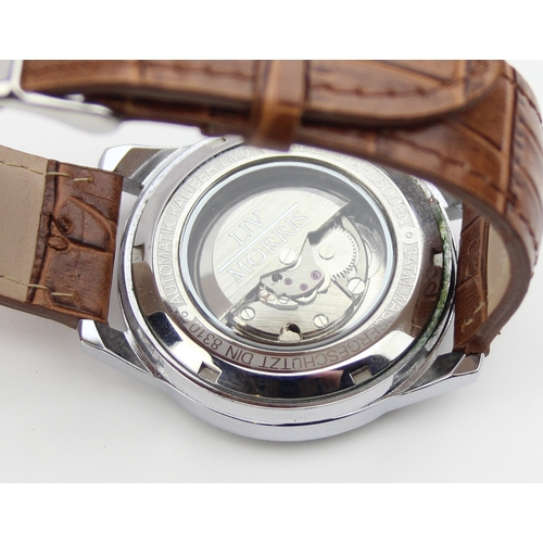 1313 - Liv Morris military style wristwatch with automatic movement and brown crocodile effect leather stra... 