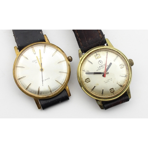 1338 - 2 vintage watches with gold plated cases and leather straps, one a Lanco Sport-de-Luxe and the other... 