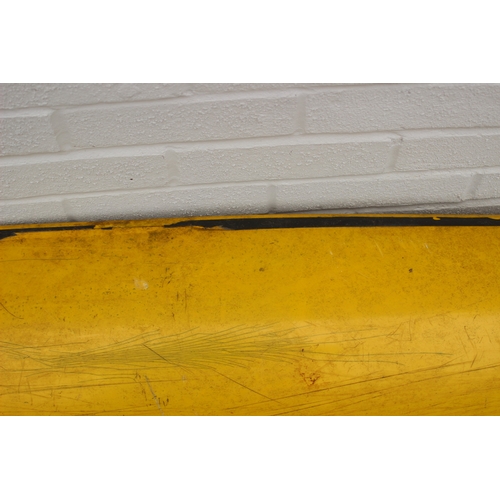 742 - A long yellow fiberglass canoe or kayak, approx 405cm long