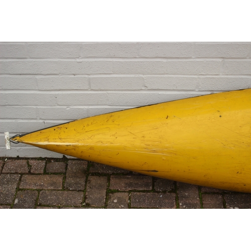 742 - A long yellow fiberglass canoe or kayak, approx 405cm long