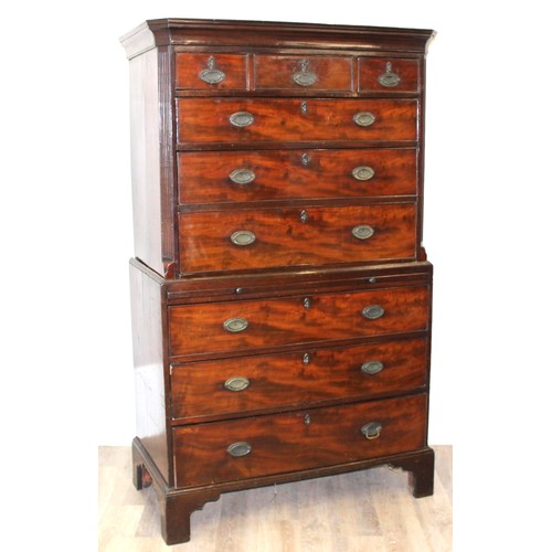 66 - A 19th century mahogany chest on chest, the top having three short and three long drawers, the base ... 