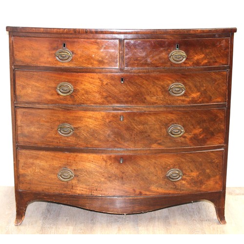 157 - A 19th century mahogany bow fronted 2 over 3 chest of drawers with brass handles and bracket feet, a... 