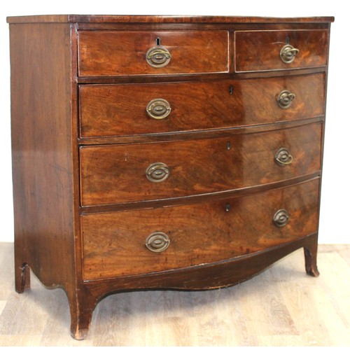 157 - A 19th century mahogany bow fronted 2 over 3 chest of drawers with brass handles and bracket feet, a... 