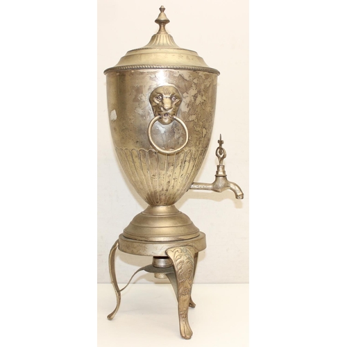 1099P - A vintage silver plated samovar or tea urn of classical form with lion mask handles, seemingly unmar... 