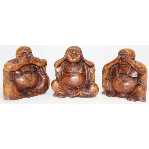 1582 - A set of 3 carved hardwood buddha figures, see no evil, hear no evil, speak no evil, carved wooden, ... 