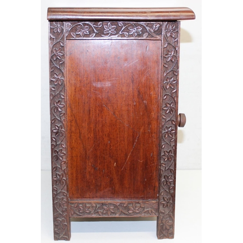 288 - An Arts & Crafts period mahogany table cabinet with floral carved door, later interior, approx 41cm ... 