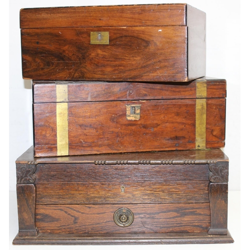 292 - 2 antique writing slopes and an Art Deco period oak fitted cutlery box, the largest approx 43cm wide... 