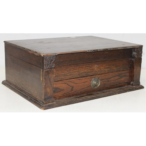 292 - 2 antique writing slopes and an Art Deco period oak fitted cutlery box, the largest approx 43cm wide... 