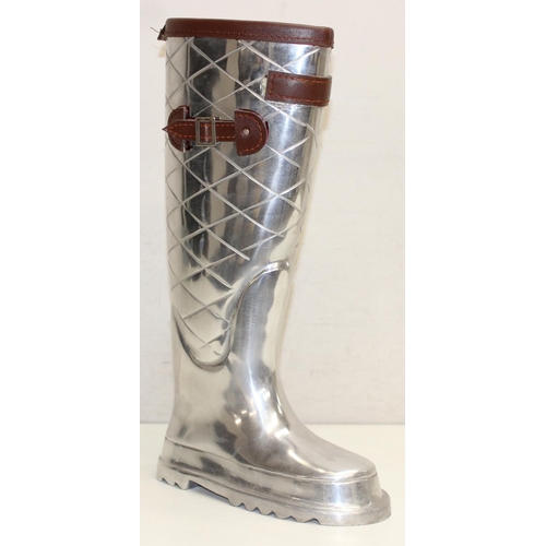 293 - A vintage style aluminium and leather umbrella holder formed as a Wellington boot, approx 45cm tall