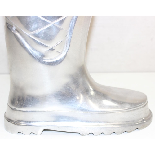 293 - A vintage style aluminium and leather umbrella holder formed as a Wellington boot, approx 45cm tall