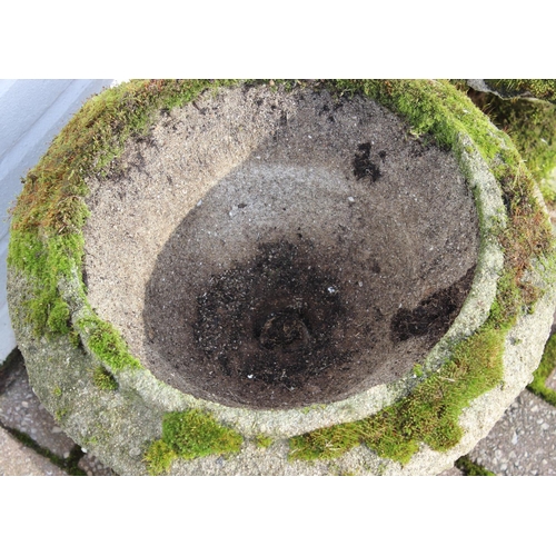 305 - A pair of antique style weathered stone or concrete garden urns with moss coverings, each approx 40c... 