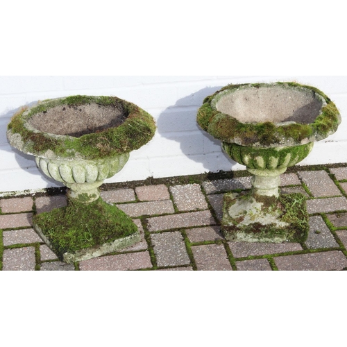 305 - A pair of antique style weathered stone or concrete garden urns with moss coverings, each approx 40c... 