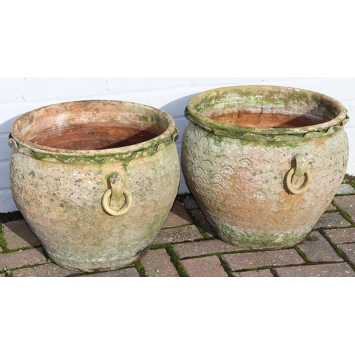 307 - A pair of weathered terracotta bulbous designed garden planters with ring handles, each approx 42cm ... 