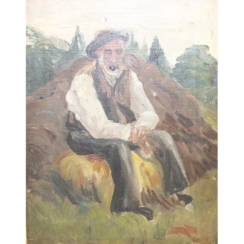 353 - An antique oil on canvas of a farm worker sitting on a hay bale, seemingly unsigned but with Windsor... 