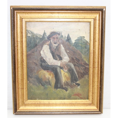 353 - An antique oil on canvas of a farm worker sitting on a hay bale, seemingly unsigned but with Windsor... 